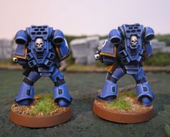 First painted 40k figs--2 UM tacticals, rear view