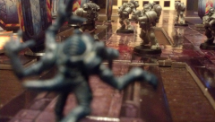 Space Hulk game with True Scale tall Scale Space Marines and a 2nd Edition Genestealer