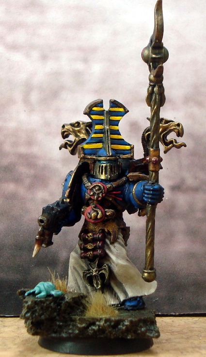 Thousand Sons sorcerer with staff and MK II helmet front 2