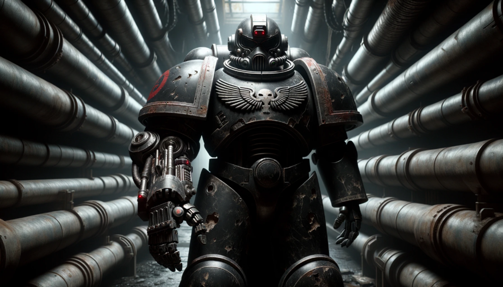 DALL·E 2023-10-20 13.31.59 - Photorealistic render of a space marine in worn black and silver armor with red motifs. Notably, one arm is a biomechanical prosthetic, seamlessly int.png