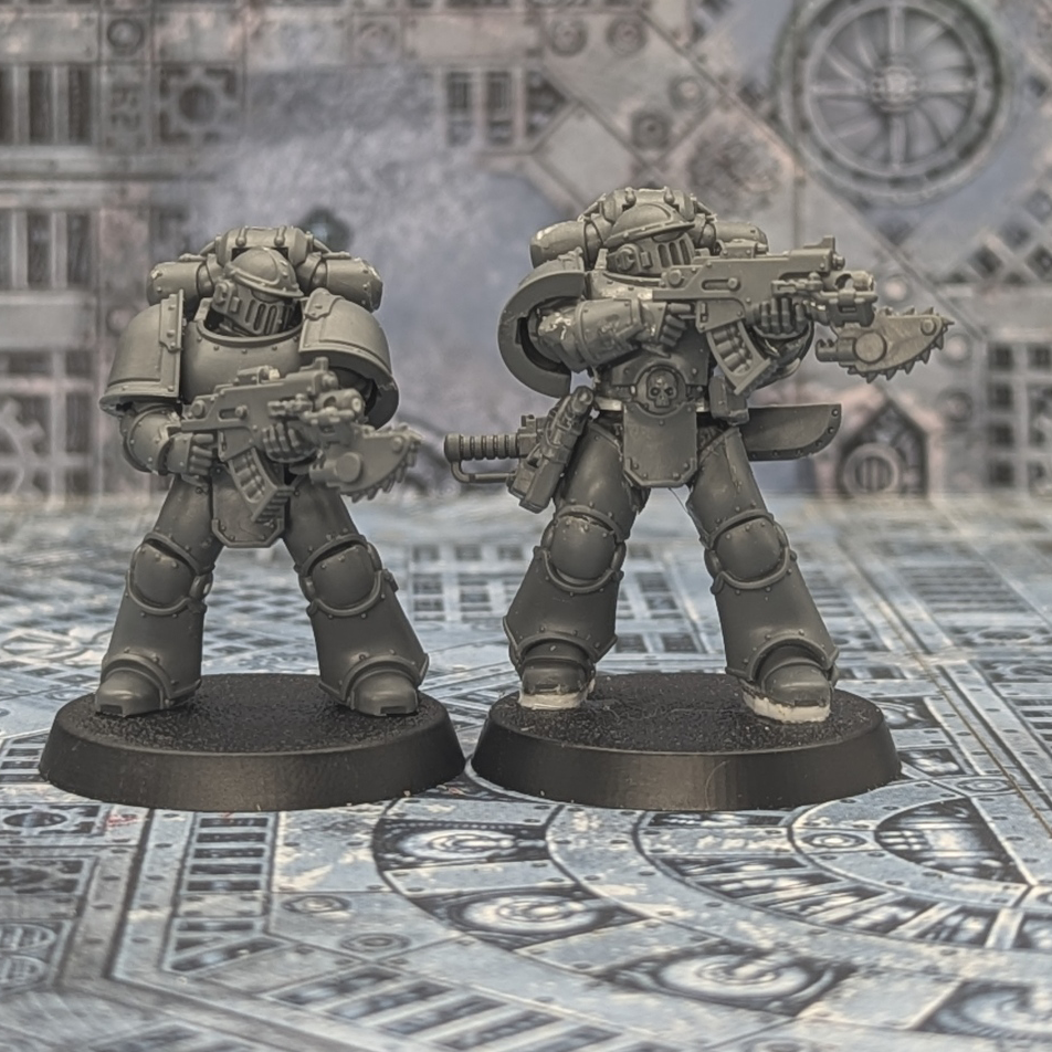 Image shows an unmodified mk 3 marine vs. a TRU-scaled mk 3 marine.