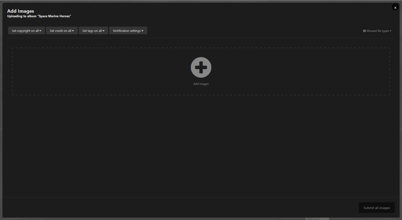 Add Images screen, shown using dark theme