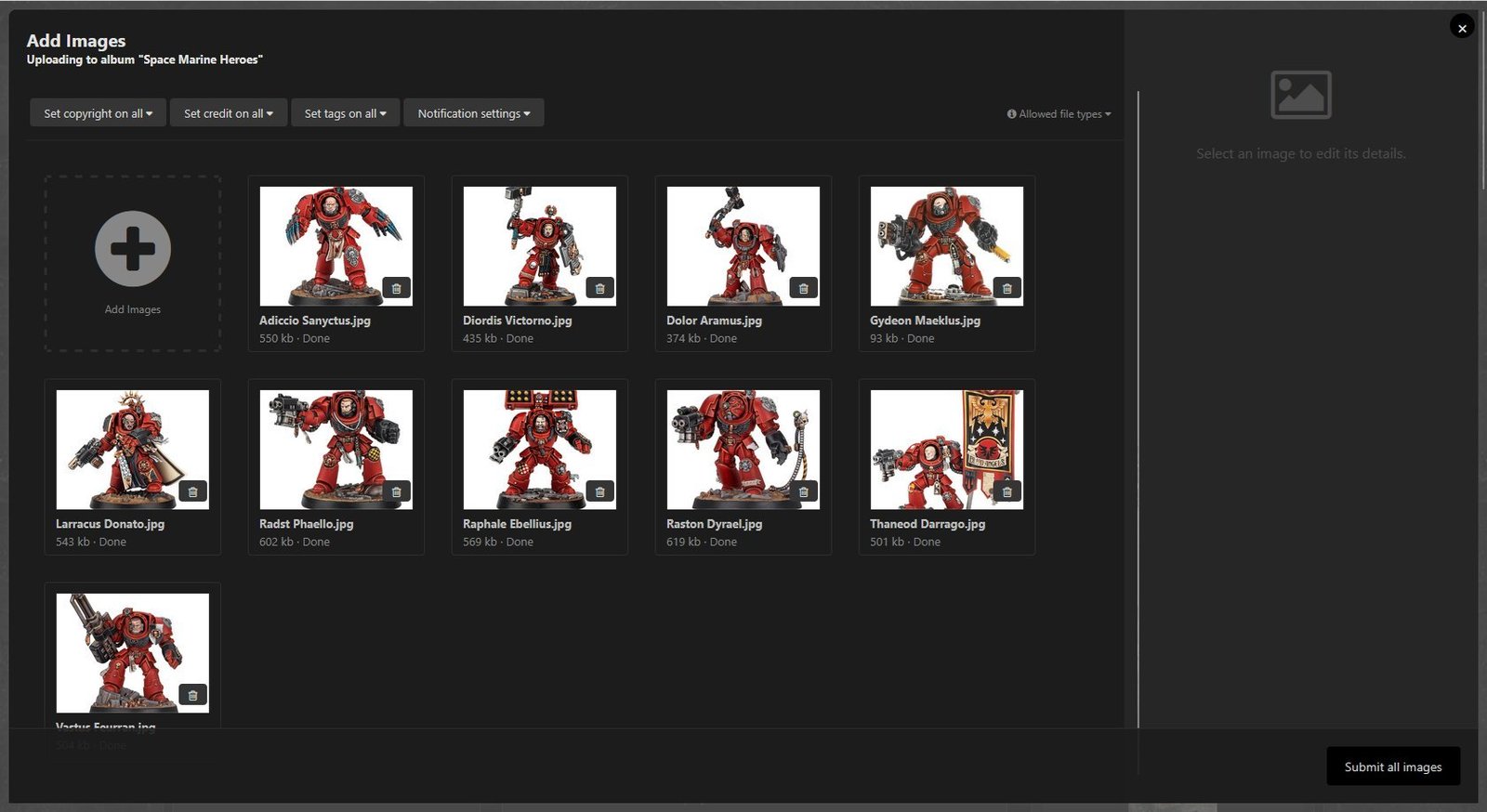 Select the images to be uploaded, shown using dark theme