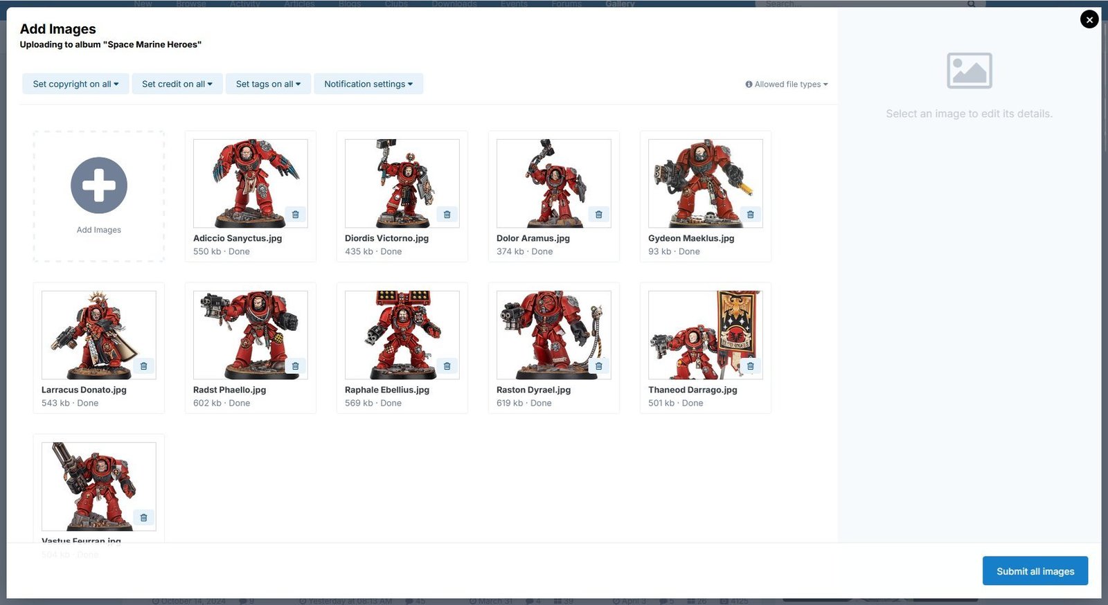 Select the images to be uploaded, shown using light theme