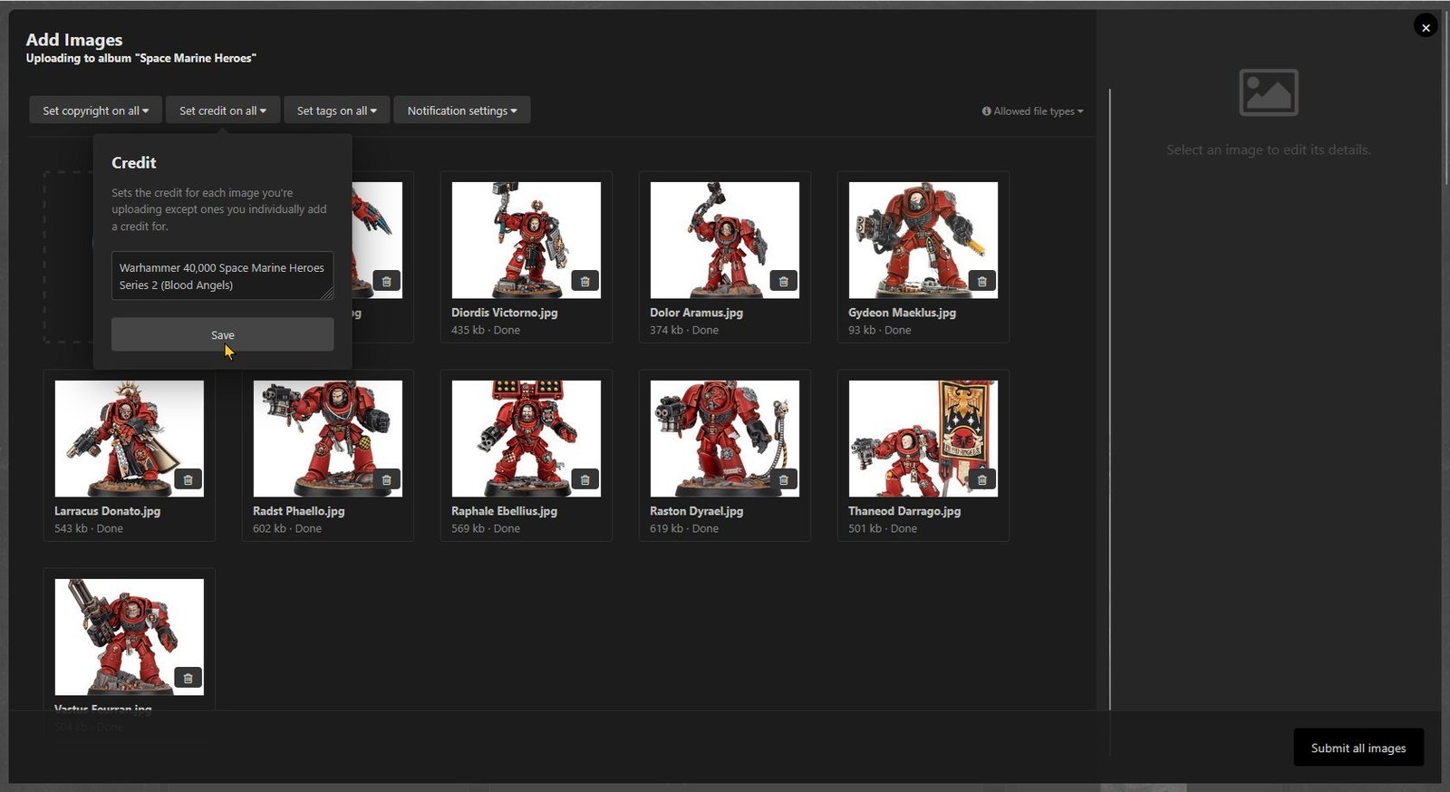 Set the image credits, shown using dark theme