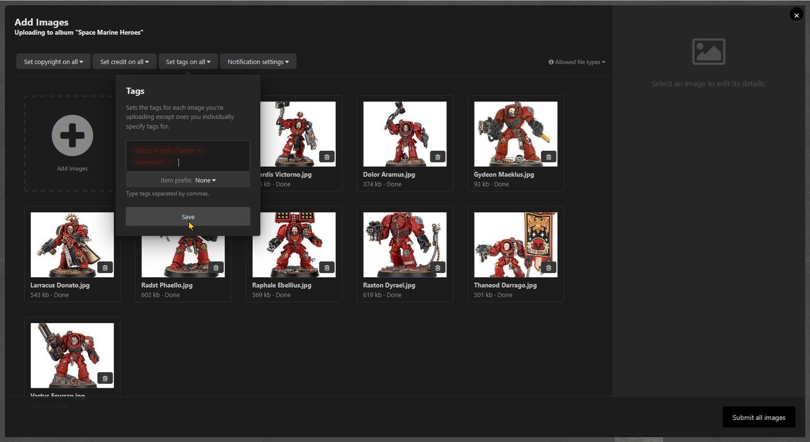 Set the image tags, shown using dark theme