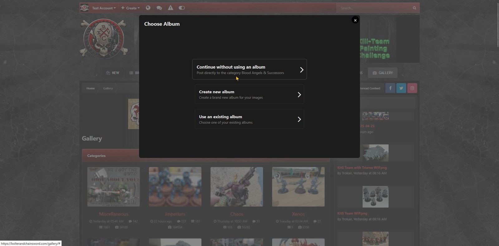 Choose Album box selecting Continue without using an album using dark theme