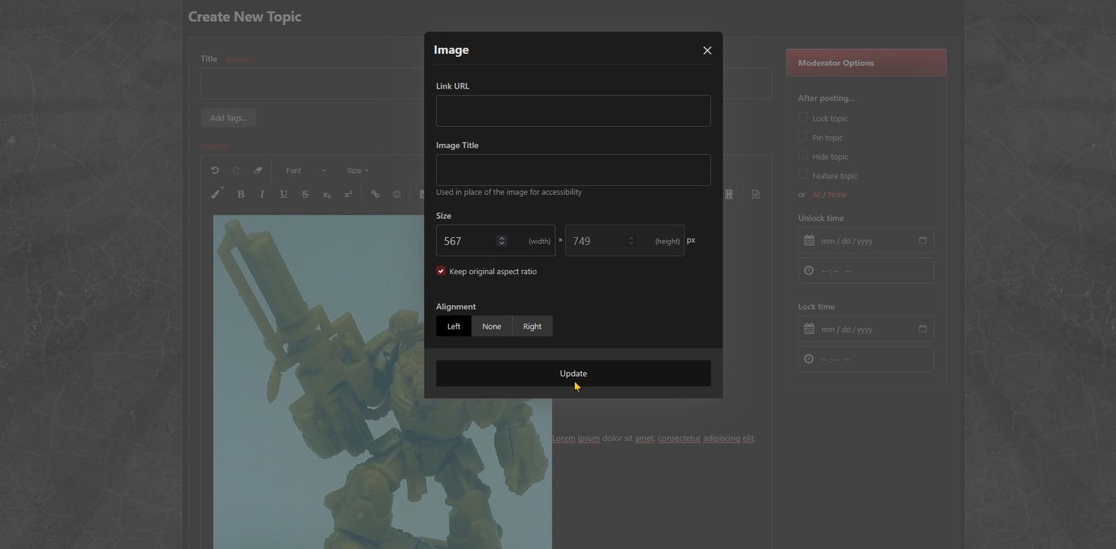 Select left alignment and click the Update button (shown using dark theme)