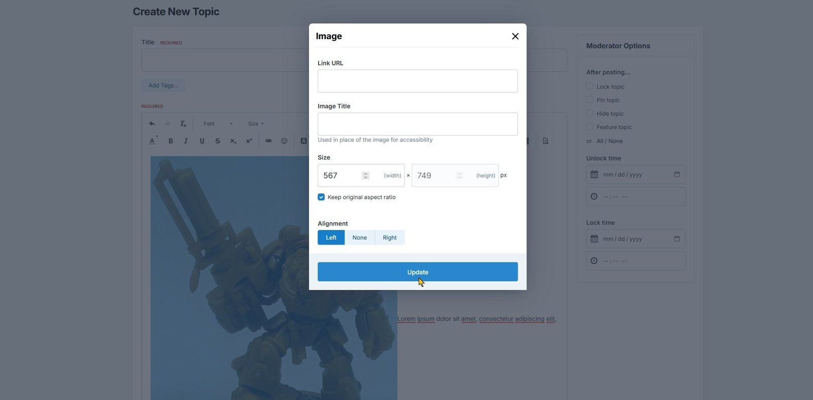 Select left alignment and click the Update button (shown using light theme)