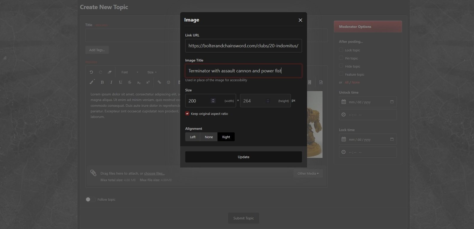 The image can also be assigned a link URL and/or a title (shown using dark theme)