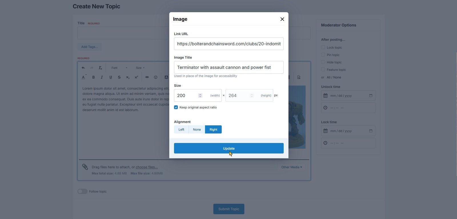 The image can also be assigned a link URL and/or a title (shown using light theme)