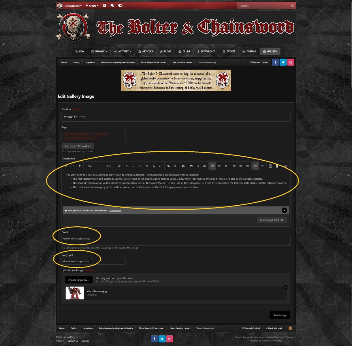 You can update the description, credit, and copyright information, shown using dark theme.