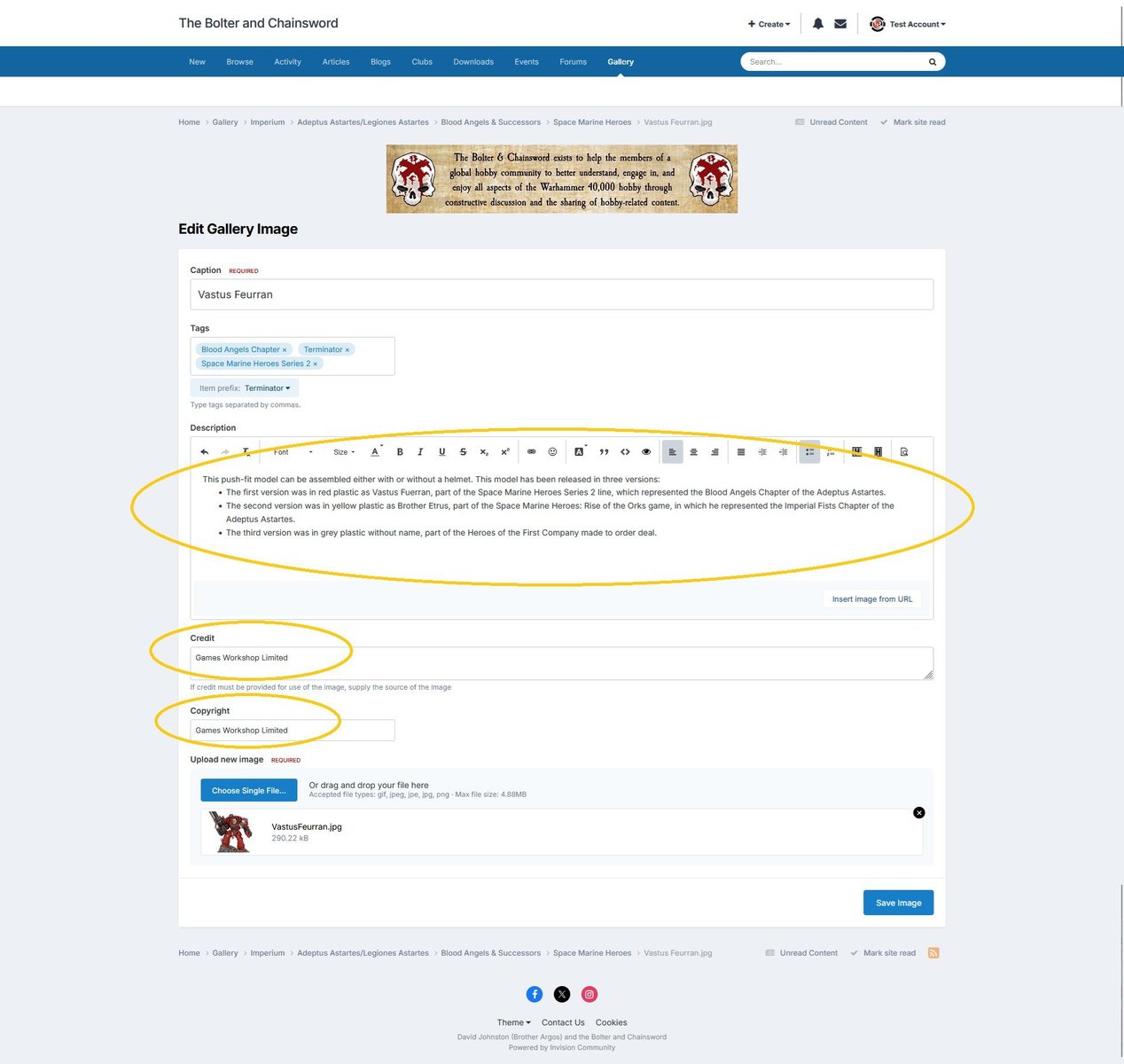 You can update the description, credit, and copyright information, shown using light theme.