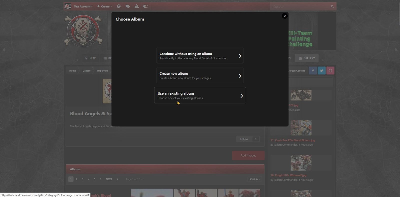 Selecting "Use an existing album" shown using dark theme