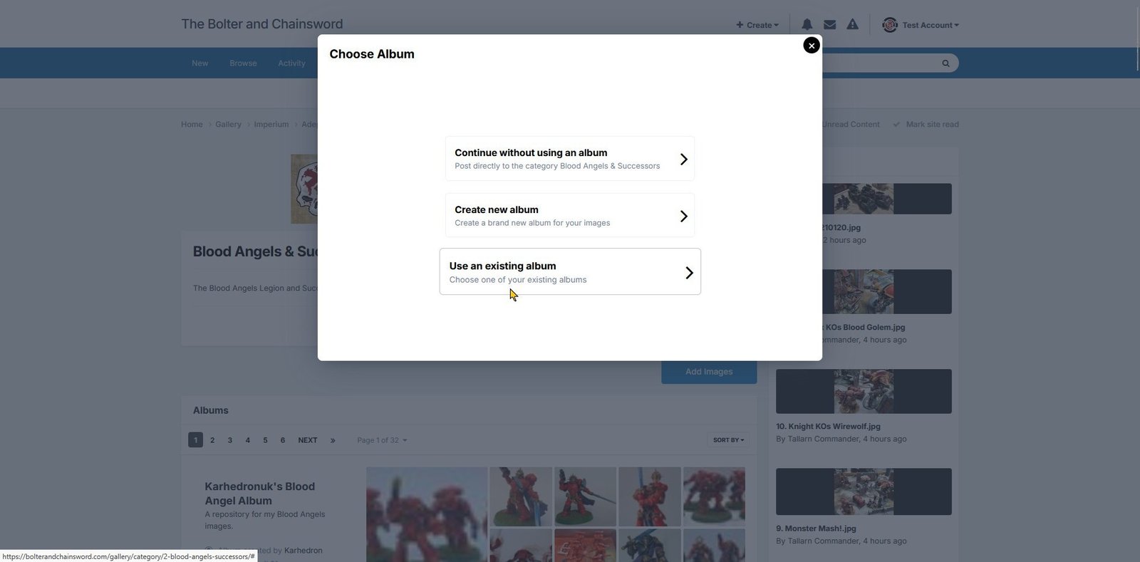Selecting "Use an existing album" shown using light theme