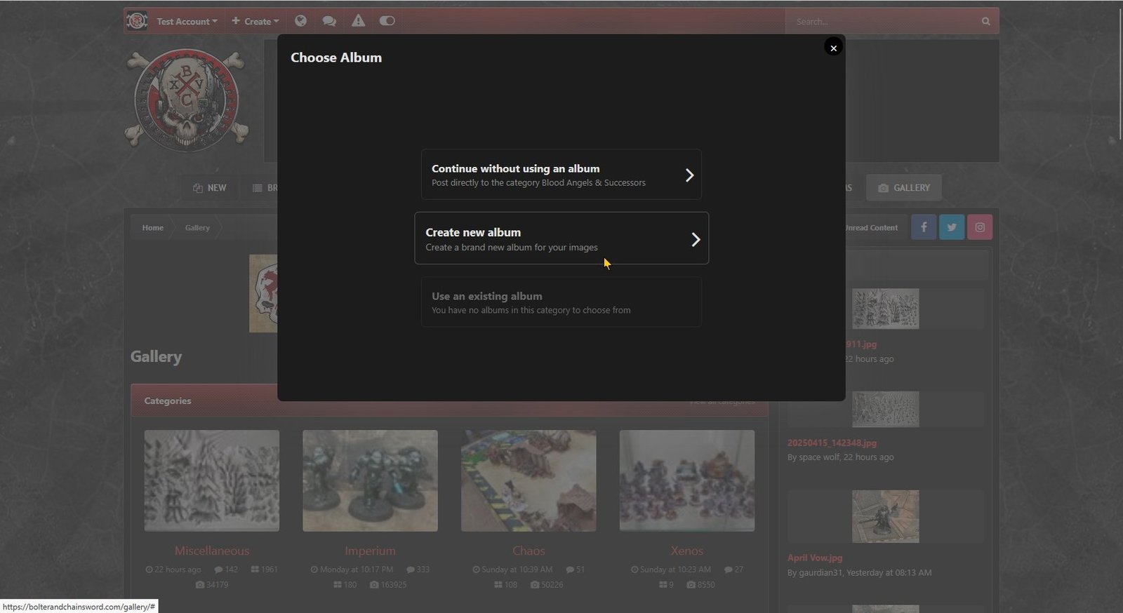 Create new album, shown using dark theme