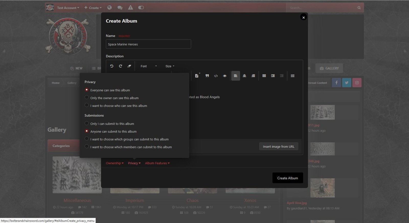 Privacy options, shown using dark theme