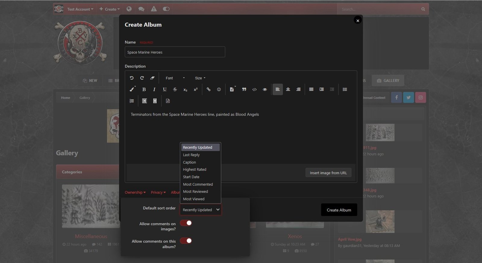 Default sort order options, shown using dark theme