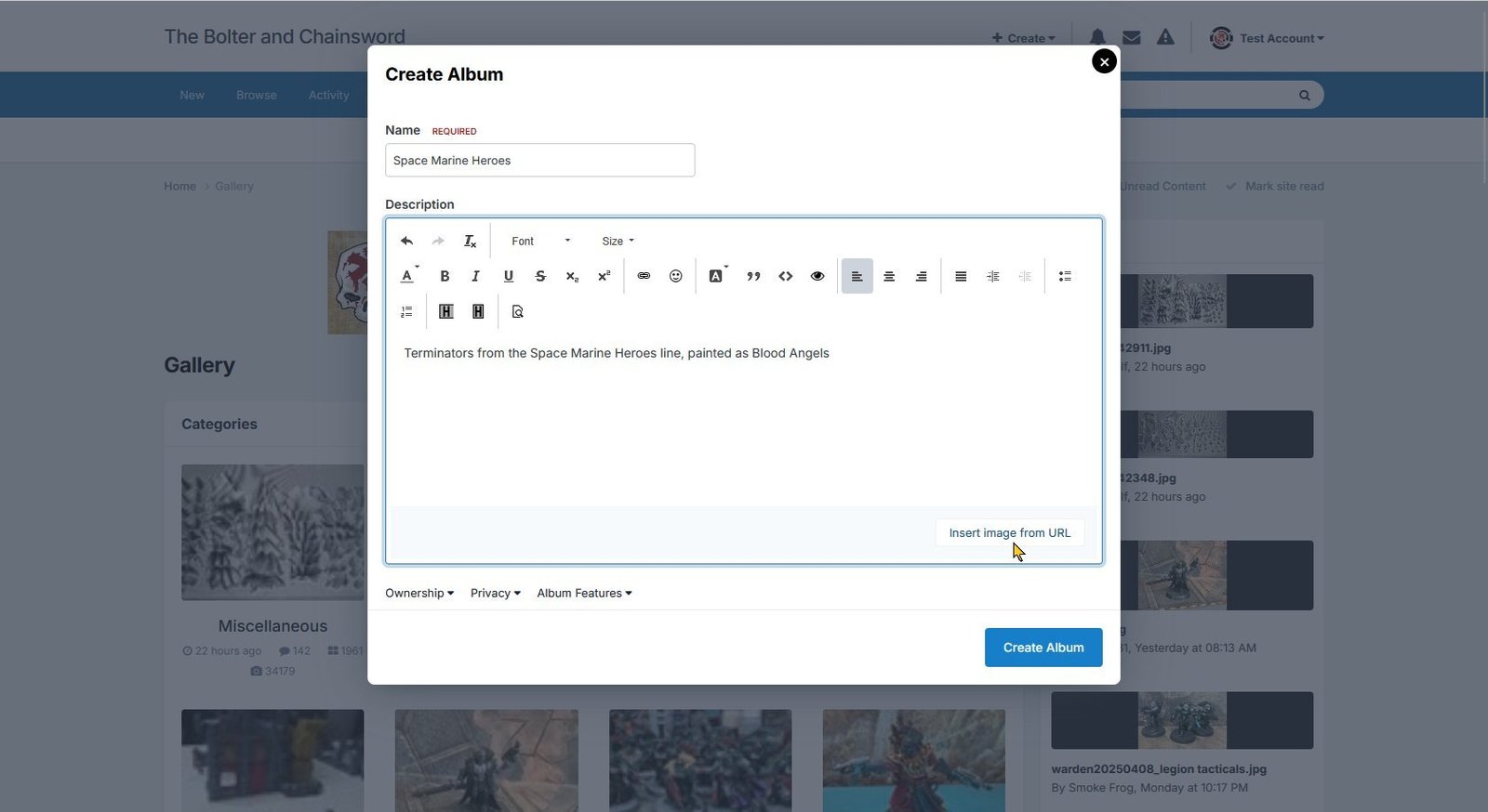Choosing to insert an image from URL into the description, shown using light theme