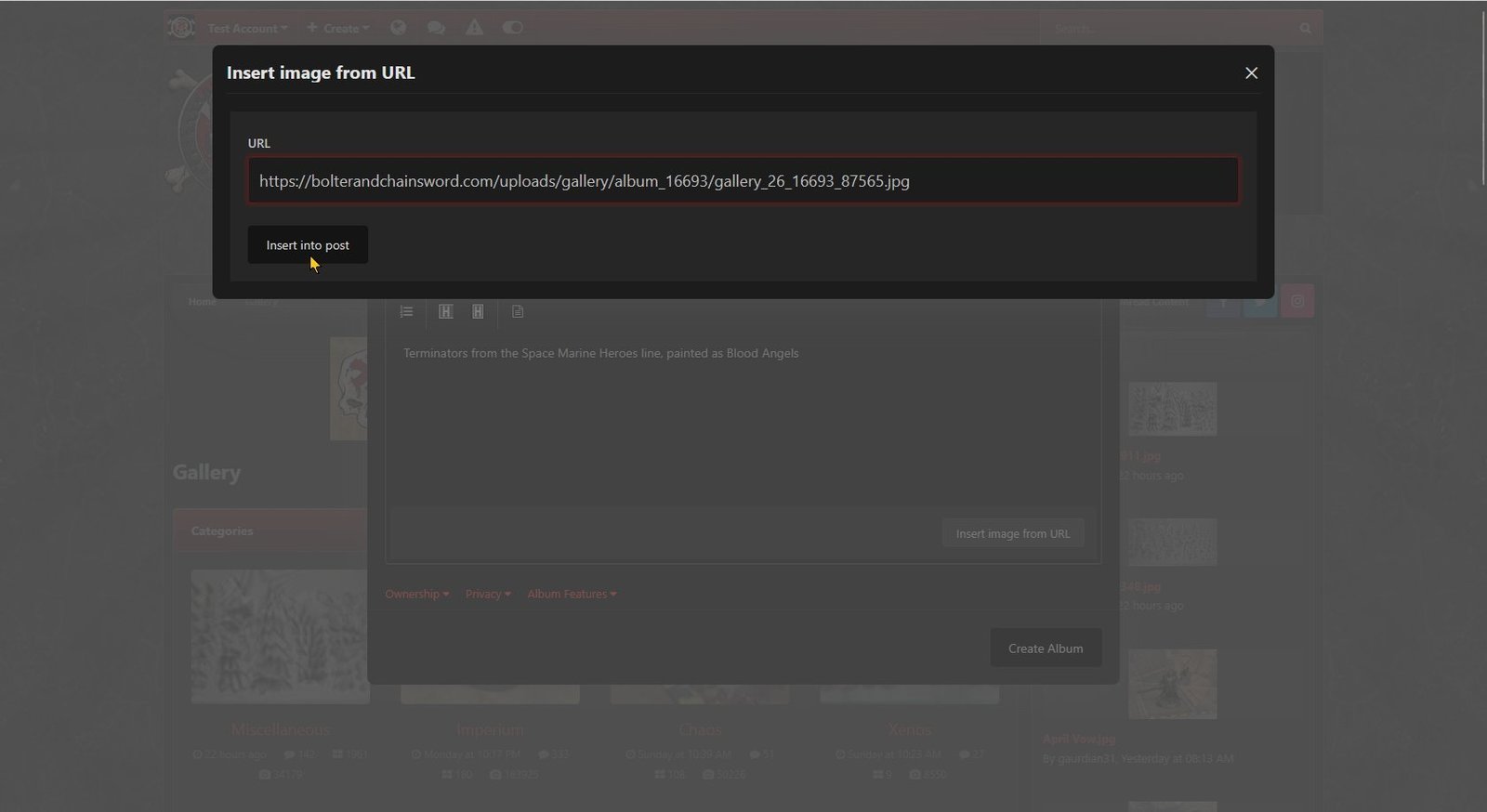 Inserting the image URL, shown using dark theme