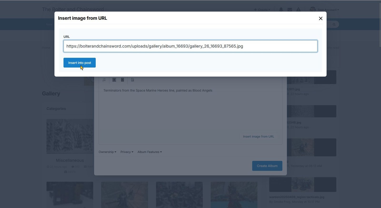 Inserting the image URL, shown using light theme