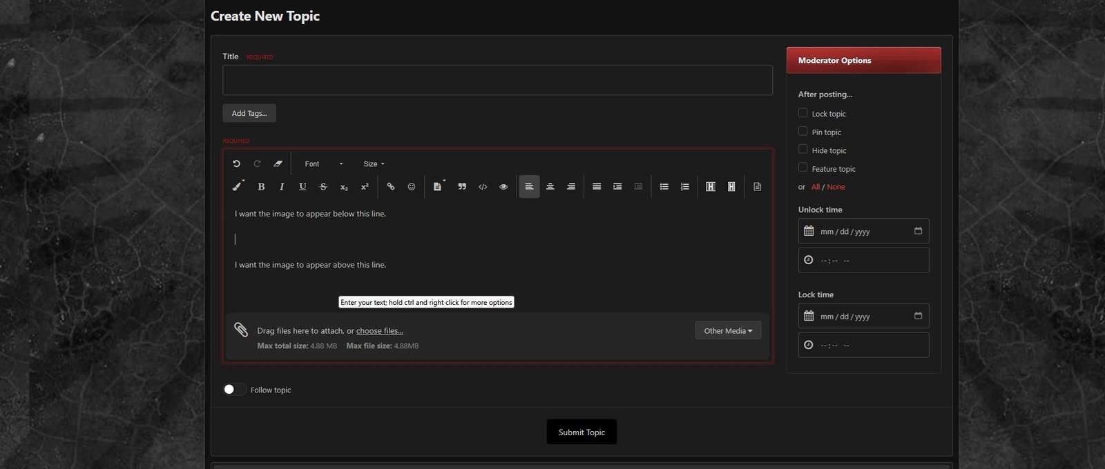 Place the text cursor where you want the image to appear (shown using dark theme)