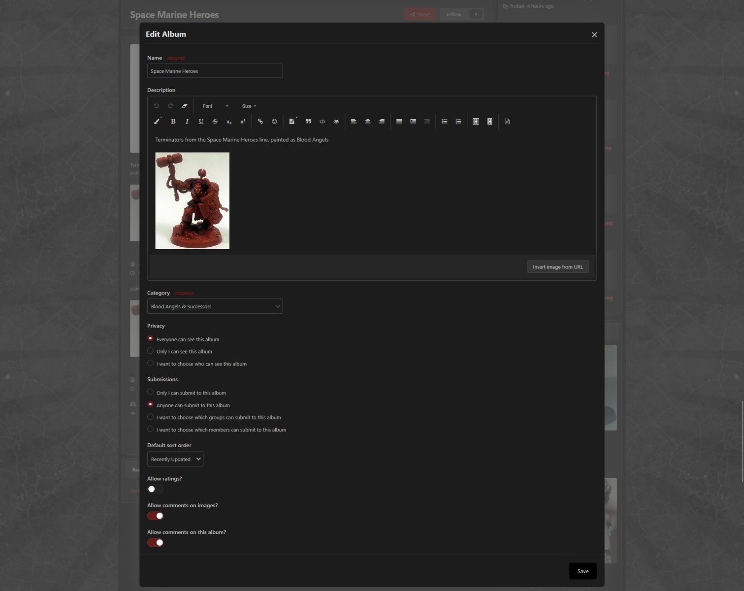 The Edit Album page, shown using the dark theme