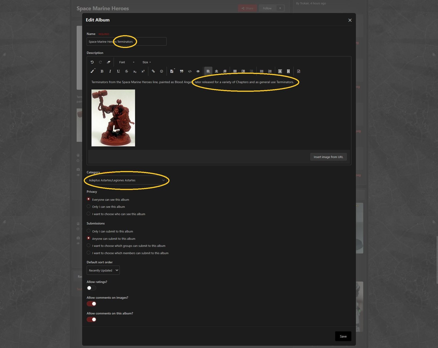 Changes made to the album name, description, and category, shown using the dark theme