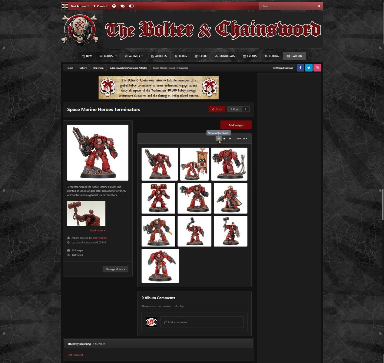 Showing images as thumbnails, shown using the dark theme