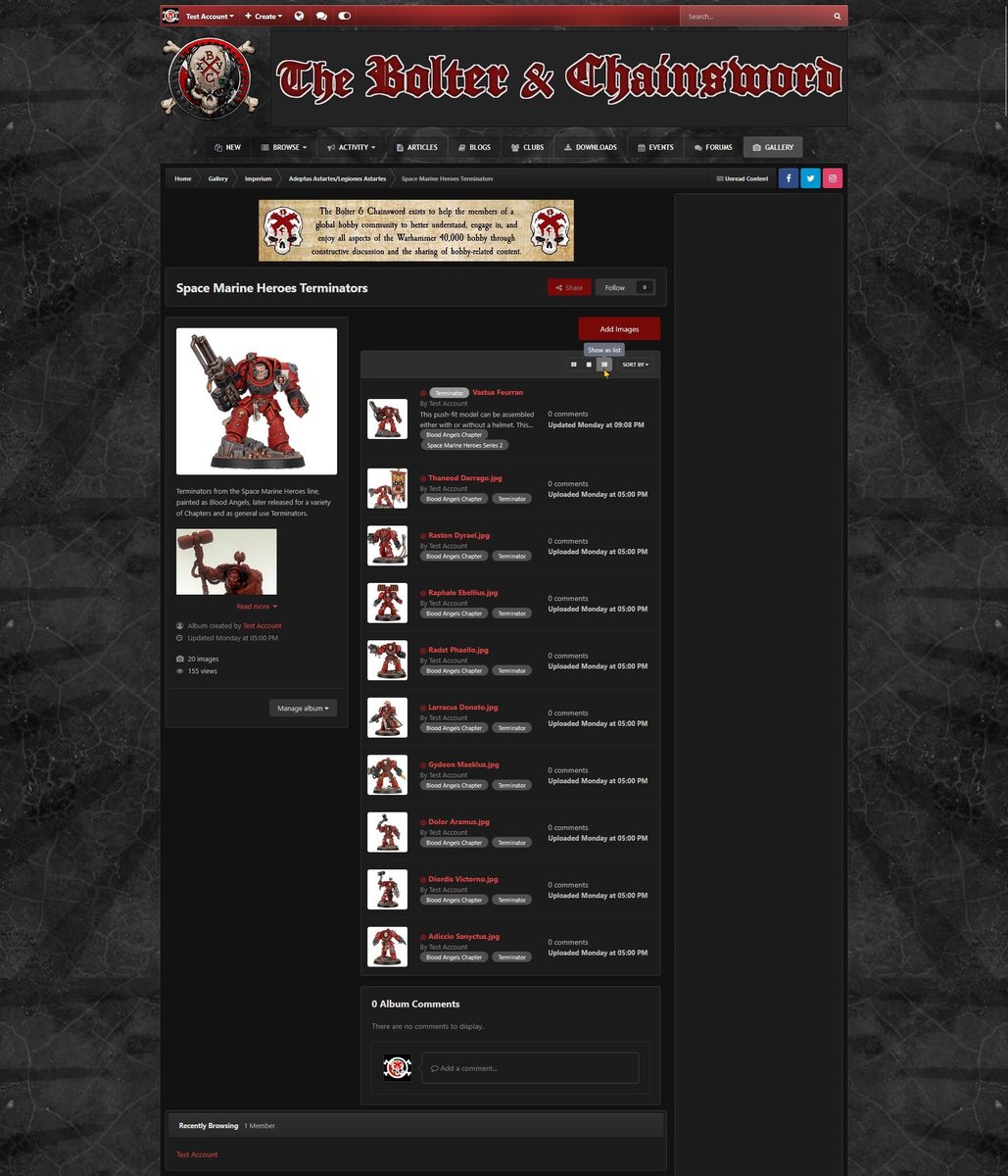 Showing images as a list, shown using the dark theme